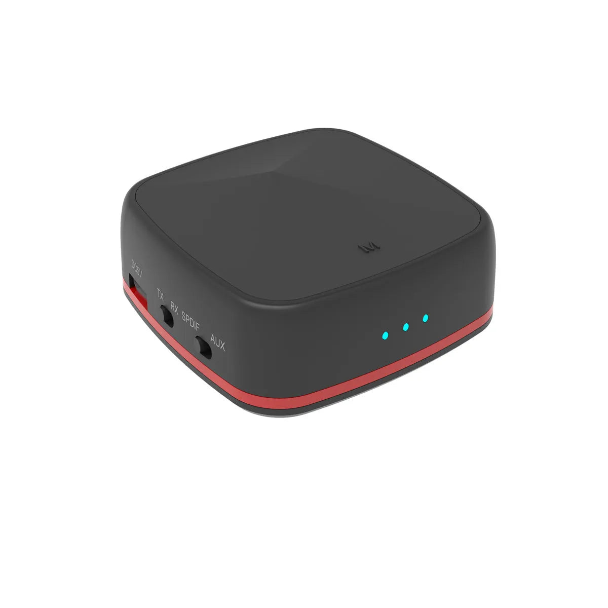 Black square Bluetooth audio adapter with optical and AUX ports, showing CSR8675 chip support.