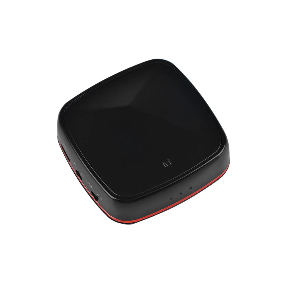 Black square Bluetooth audio adapter with optical and AUX ports, showing CSR8675 chip support.
