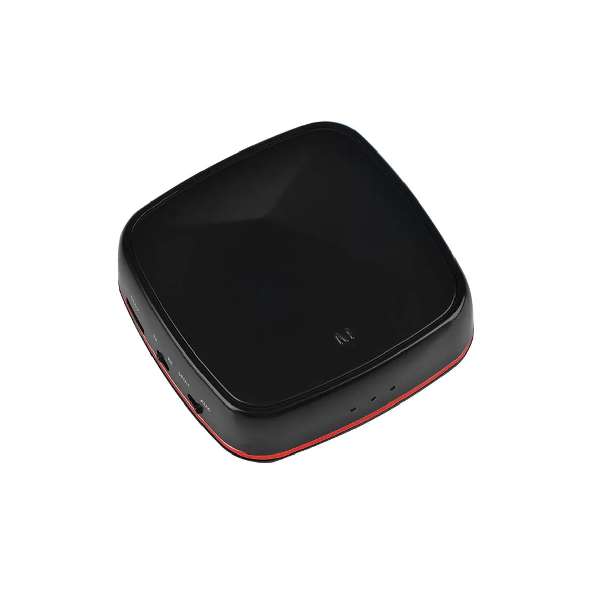 Black square Bluetooth audio adapter with optical and AUX ports, showing CSR8675 chip support.