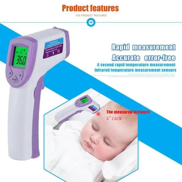 White PK58B non-contact infrared thermometer held near adult forehead with LCD screen showing temperature