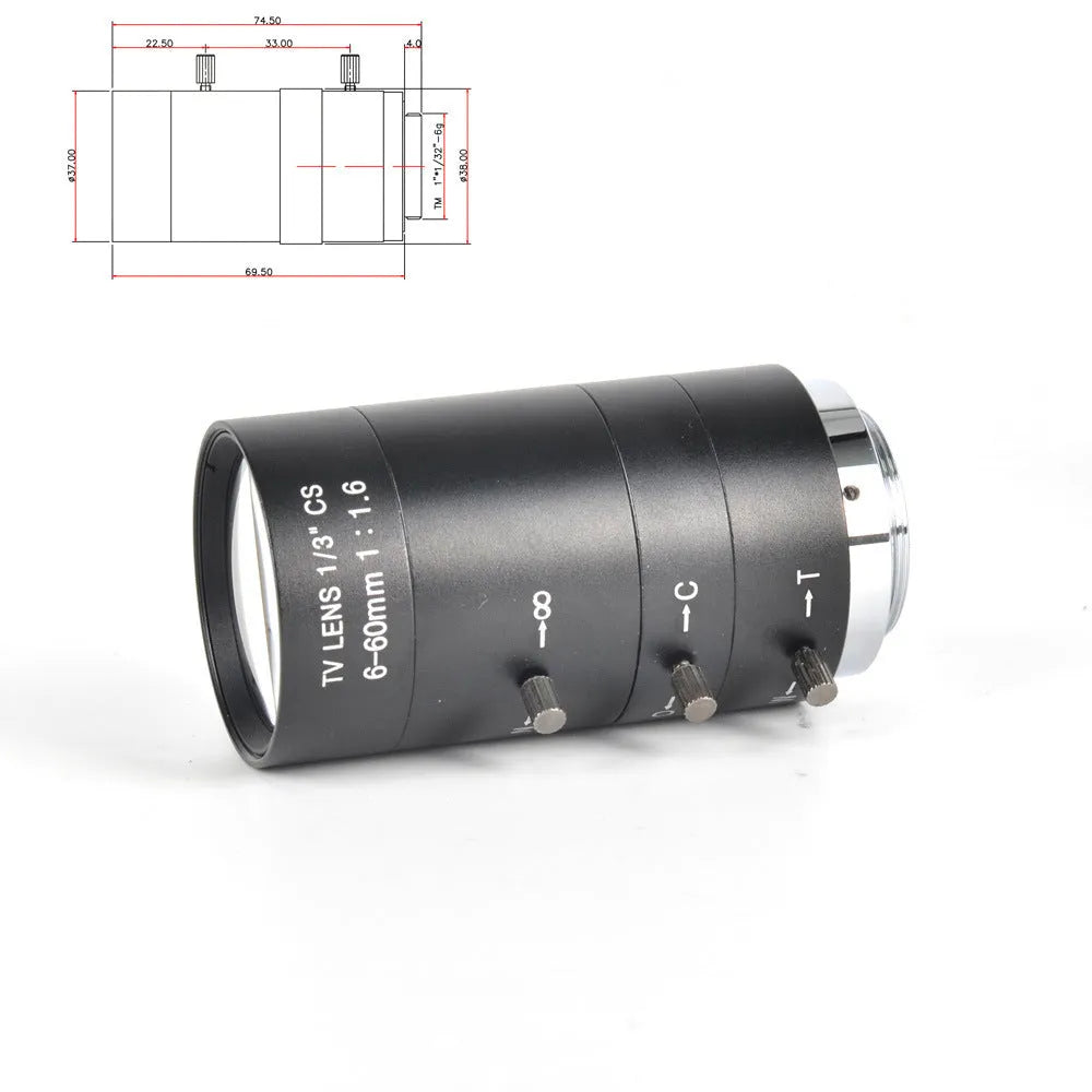 Black manual aperture 6-60mm CS mount camera lens for 1/3 inch sensor cameras
