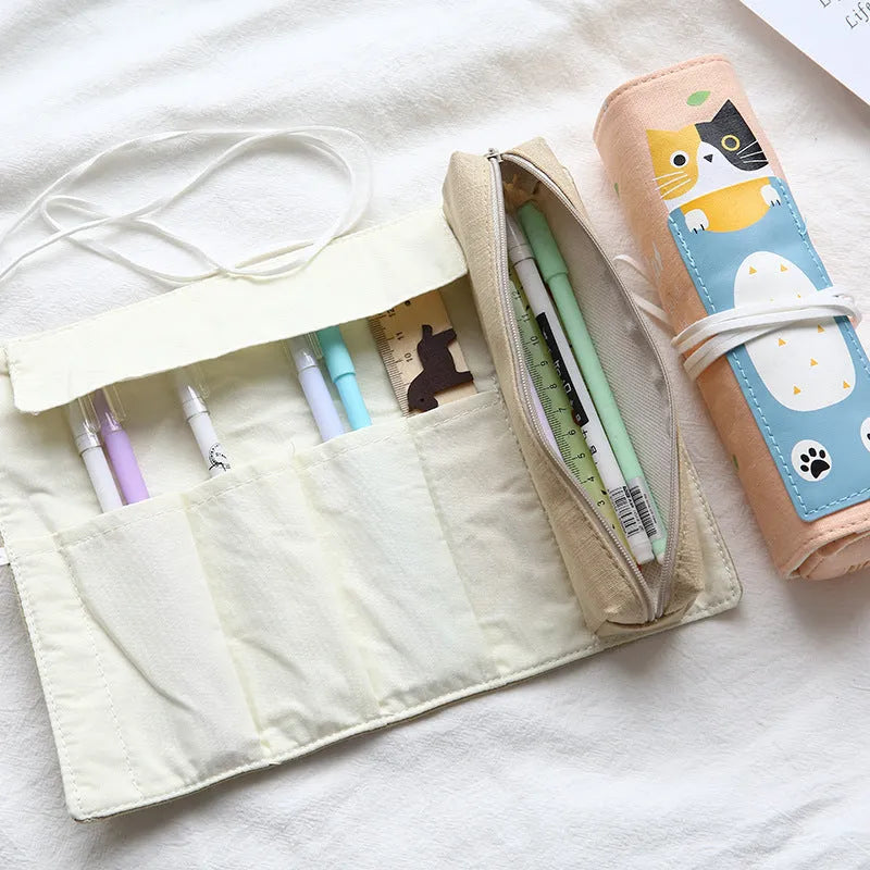 Korean cartoon cat pattern rolling pencil case in blue, green, pink or yellow colour