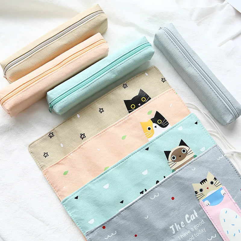 Korean cartoon cat pattern rolling pencil case in blue, green, pink or yellow colour