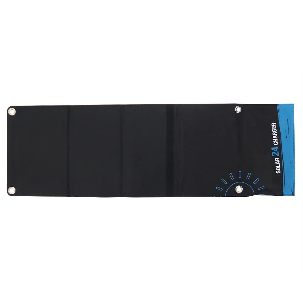 Blue 24W outdoor solar power bank with PET laminated SUNPOWER panel and PVC waterproof fabric showing three USB outputs
