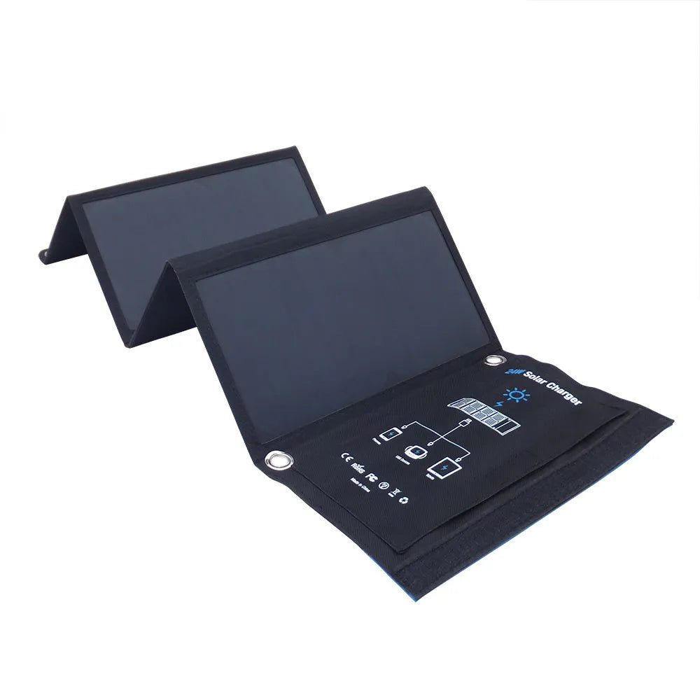 Blue 24W outdoor solar power bank with PET laminated SUNPOWER panel and PVC waterproof fabric showing three USB outputs