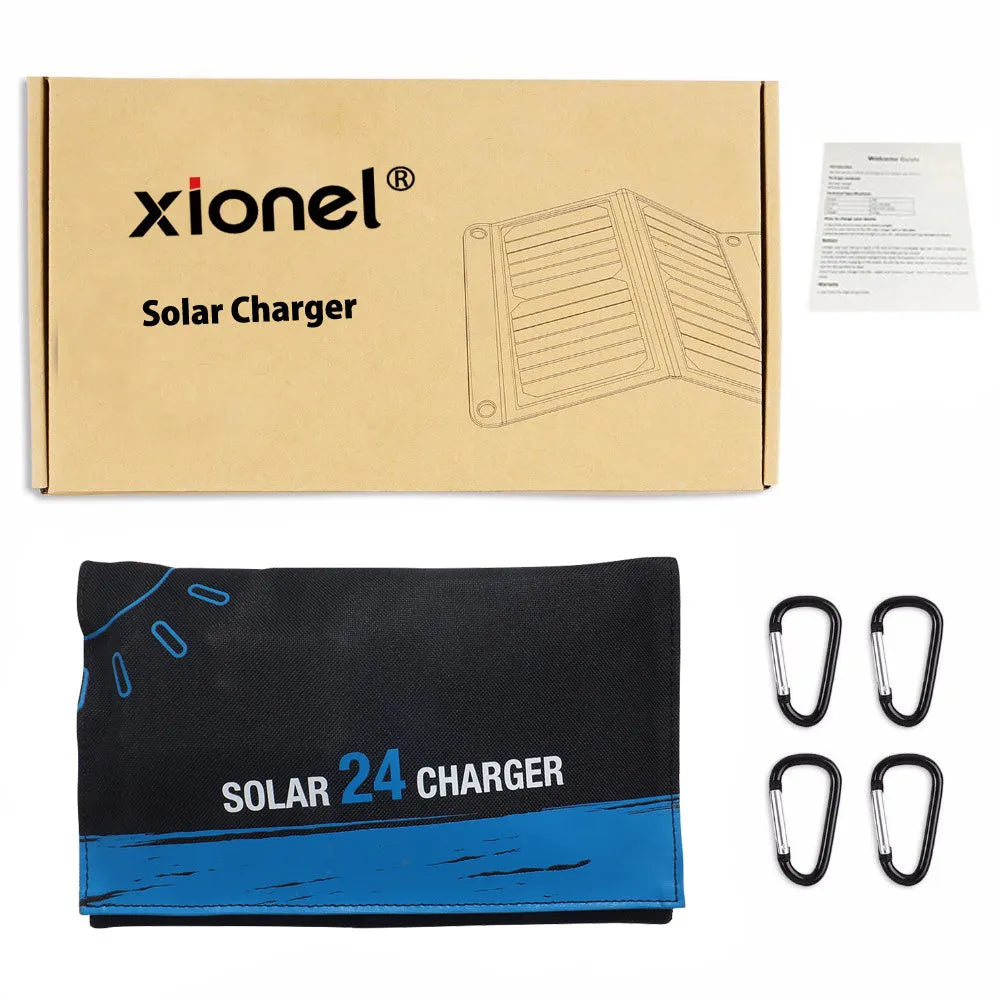 Blue 24W outdoor solar power bank with PET laminated SUNPOWER panel and PVC waterproof fabric showing three USB outputs