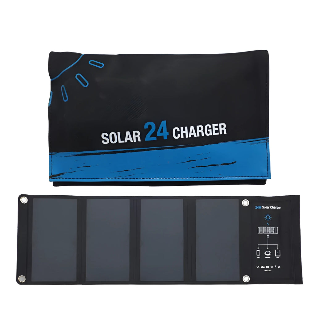 Blue 24W outdoor solar power bank with PET laminated SUNPOWER panel and PVC waterproof fabric showing three USB outputs