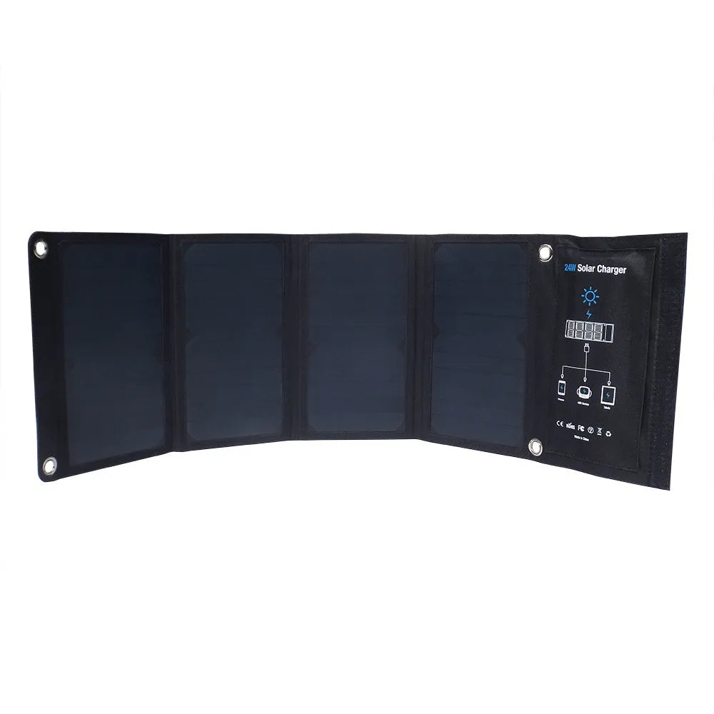 Blue 24W outdoor solar power bank with PET laminated SUNPOWER panel and PVC waterproof fabric showing three USB outputs