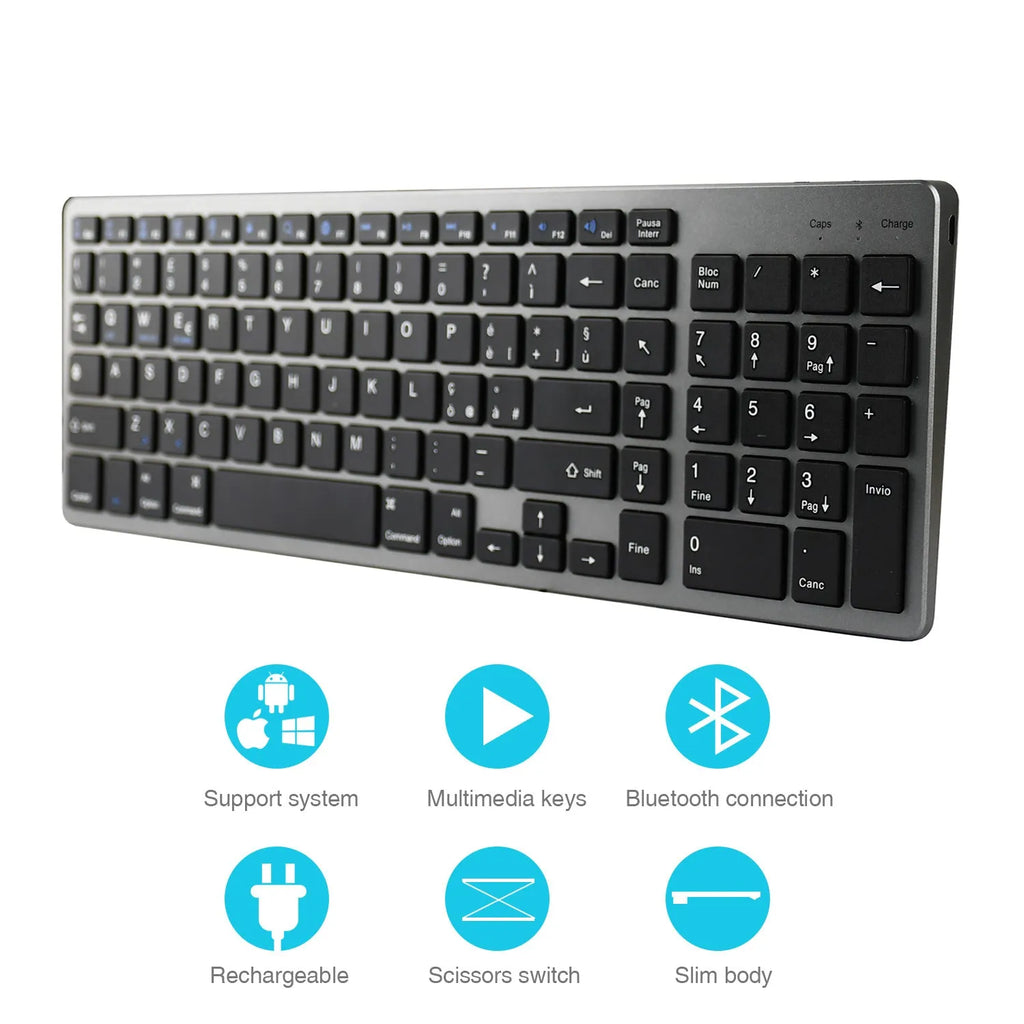 Ultra-thin white rechargeable Bluetooth keyboard for iPad and tablet with 104 keys.