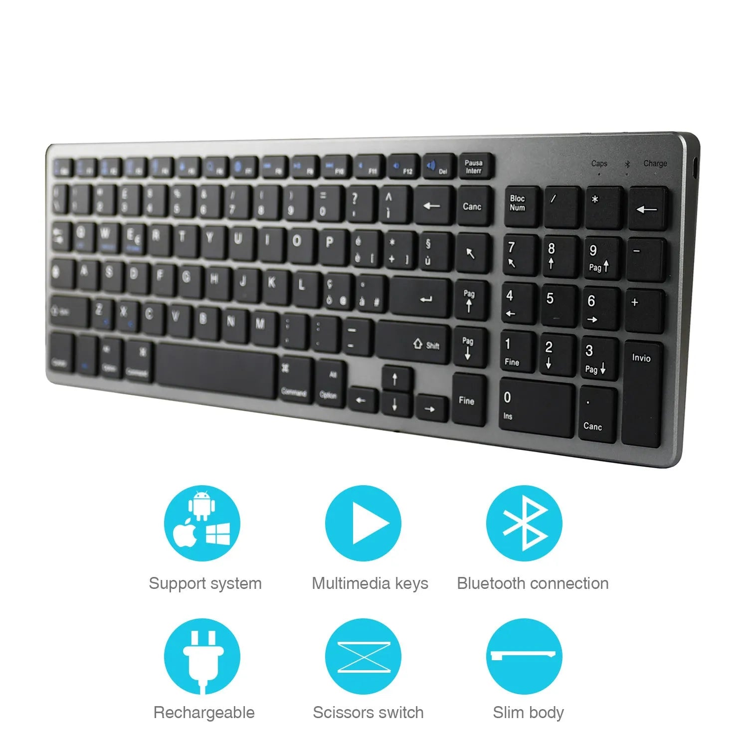 Ultra-thin white rechargeable Bluetooth keyboard for iPad and tablet with 104 keys.