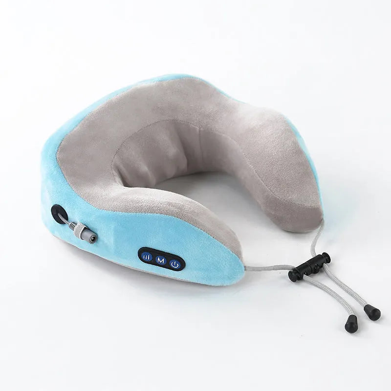 Electric neck massager U shaped pillow with memory foam, USB rechargeable, blue and grey colours