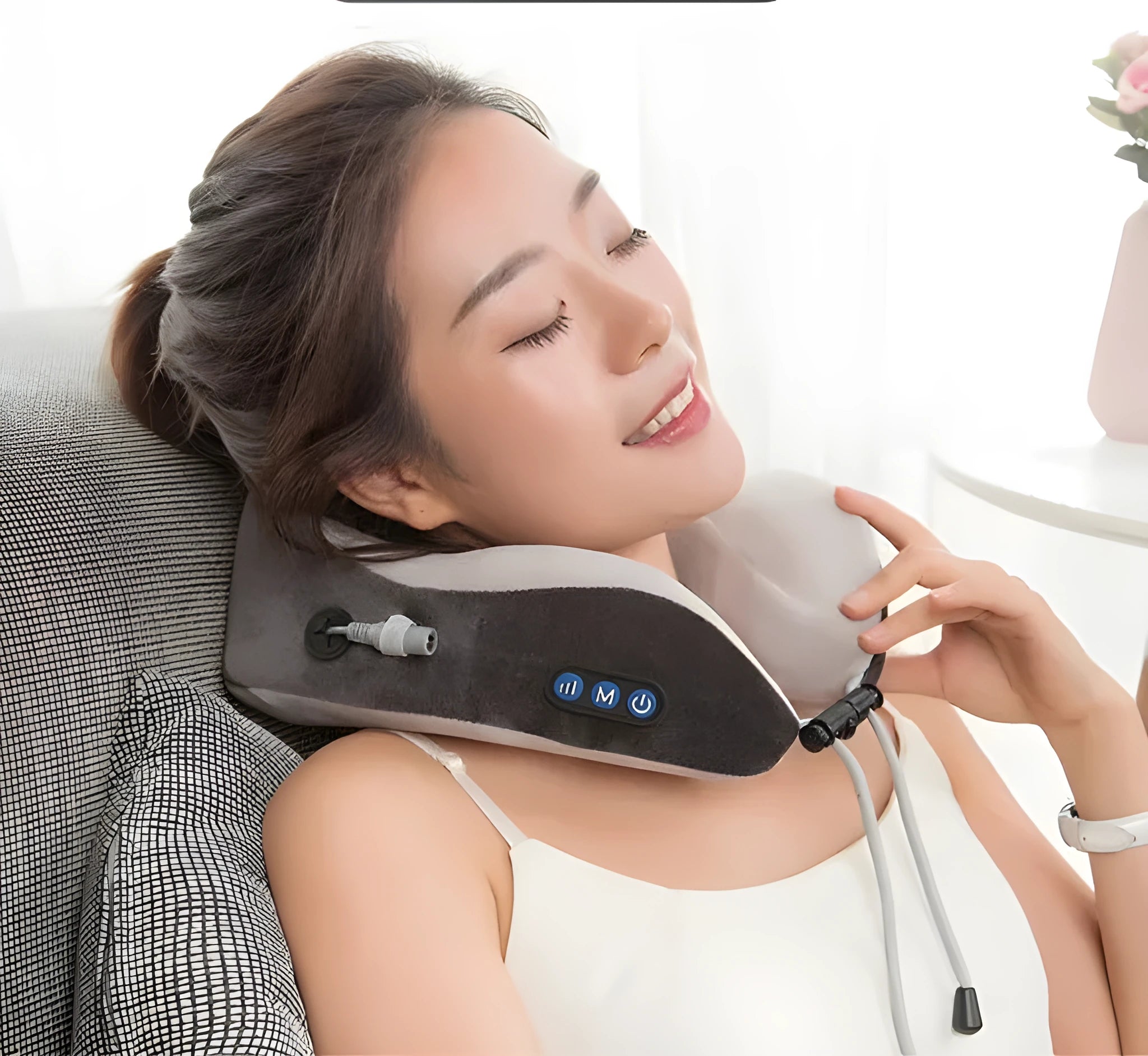 Electric neck massager U shaped pillow with memory foam, USB rechargeable, blue and grey colours