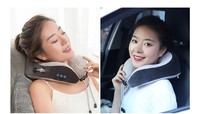 Electric neck massager U shaped pillow with memory foam, USB rechargeable, blue and grey colours