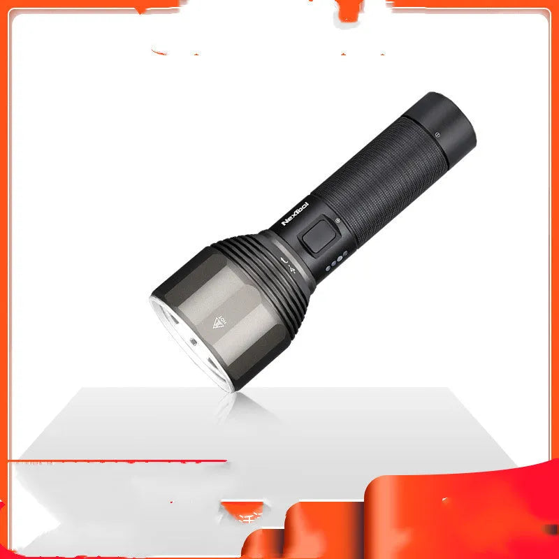 Black rechargeable outdoor flashlight showing aluminium construction with measurement indicators