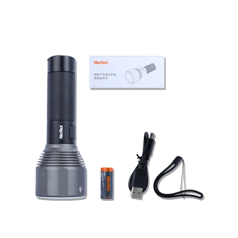 Black rechargeable outdoor flashlight showing aluminium construction with measurement indicators
