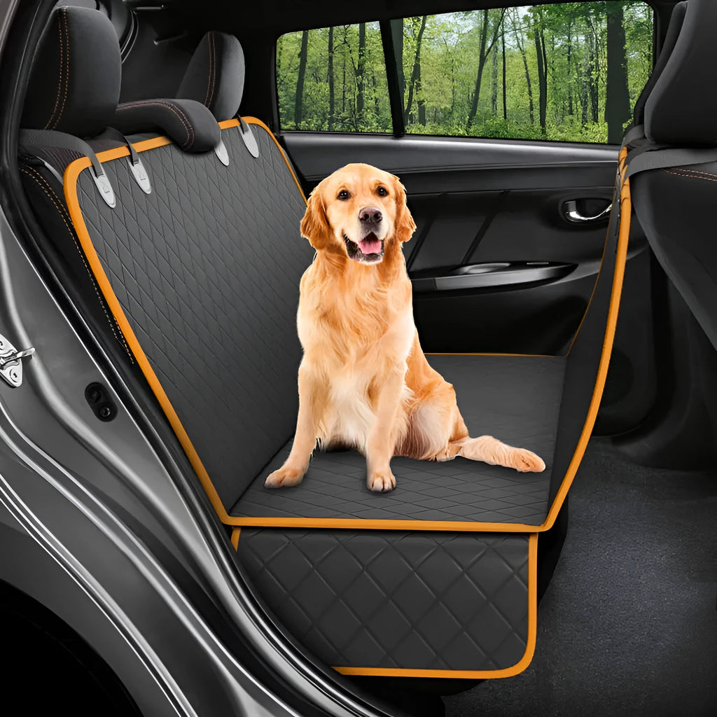 Waterproof Oxford cloth dog car seat cover 137x147cm in orange or black with side wings or mesh options.