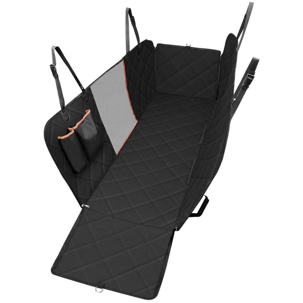 Waterproof Oxford cloth dog car seat cover 137x147cm in orange or black with side wings or mesh options.