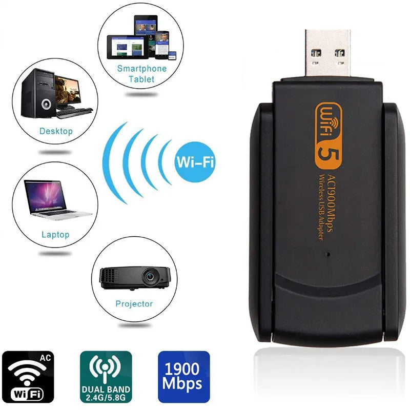 Black USB wireless network card with dual-band 2.4/5.8GHz and 150Mbps free-driver design for desktop and laptop