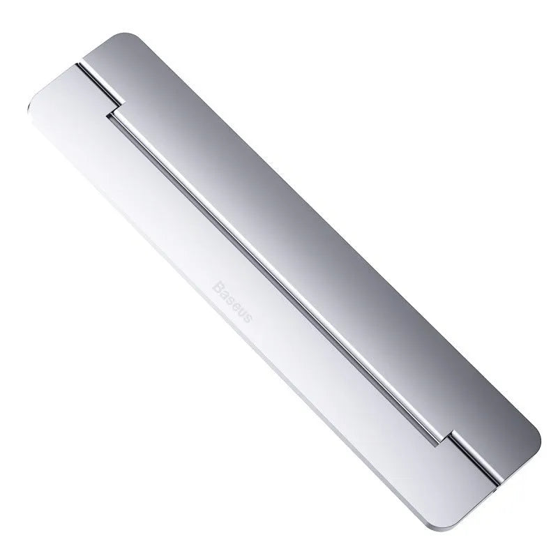 Folding notebook cooling bracket in black on a desk showing raised position for laptop heat dissipation