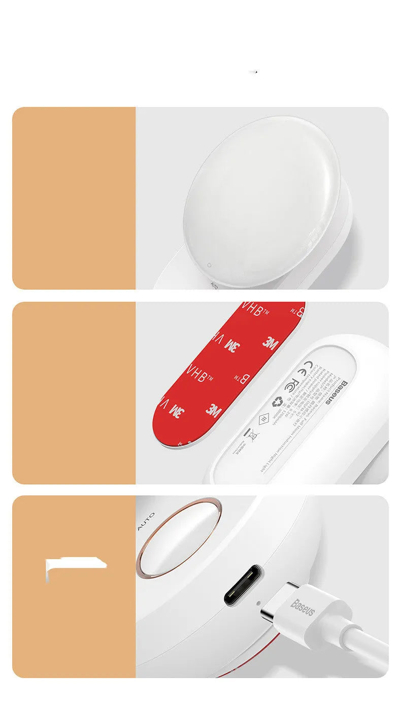 White Baseus Sunshine Series rechargeable LED night light with motion sensor on a bedside table.