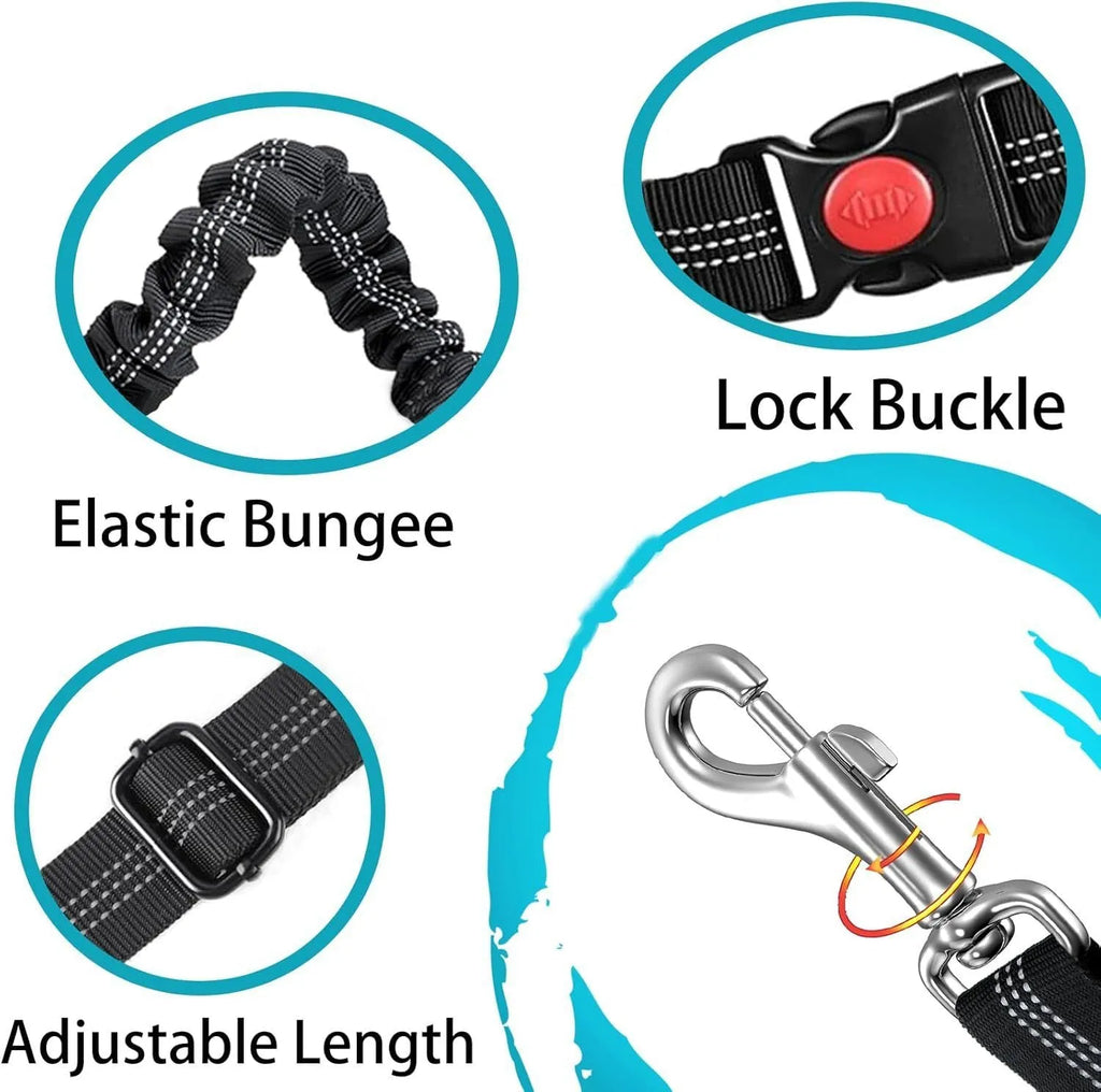 Retractable dog leash with anti-pull car seatbelt in nylon, shown in multiple colours including black, red, and blue.