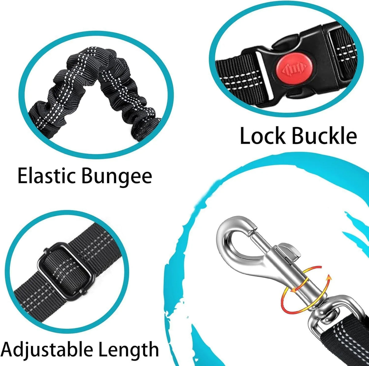 Retractable dog leash with anti-pull car seatbelt in nylon, shown in multiple colours including black, red, and blue.
