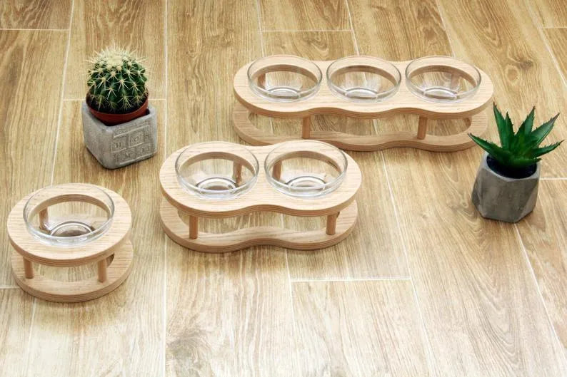 Wooden pet bowl rack with glass bowls – double bowl size 24x9cm for cats or small dogs