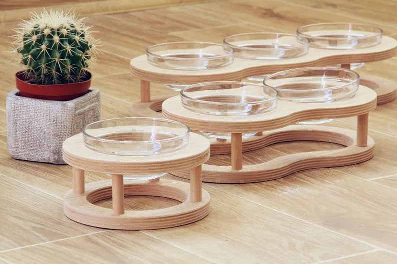 Wooden pet bowl rack with glass bowls – double bowl size 24x9cm for cats or small dogs