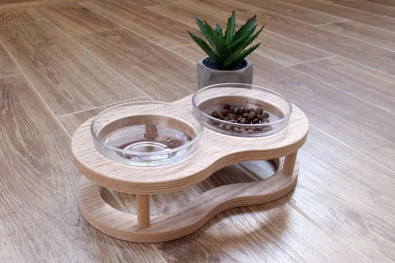 Wooden pet bowl rack with glass bowls – double bowl size 24x9cm for cats or small dogs