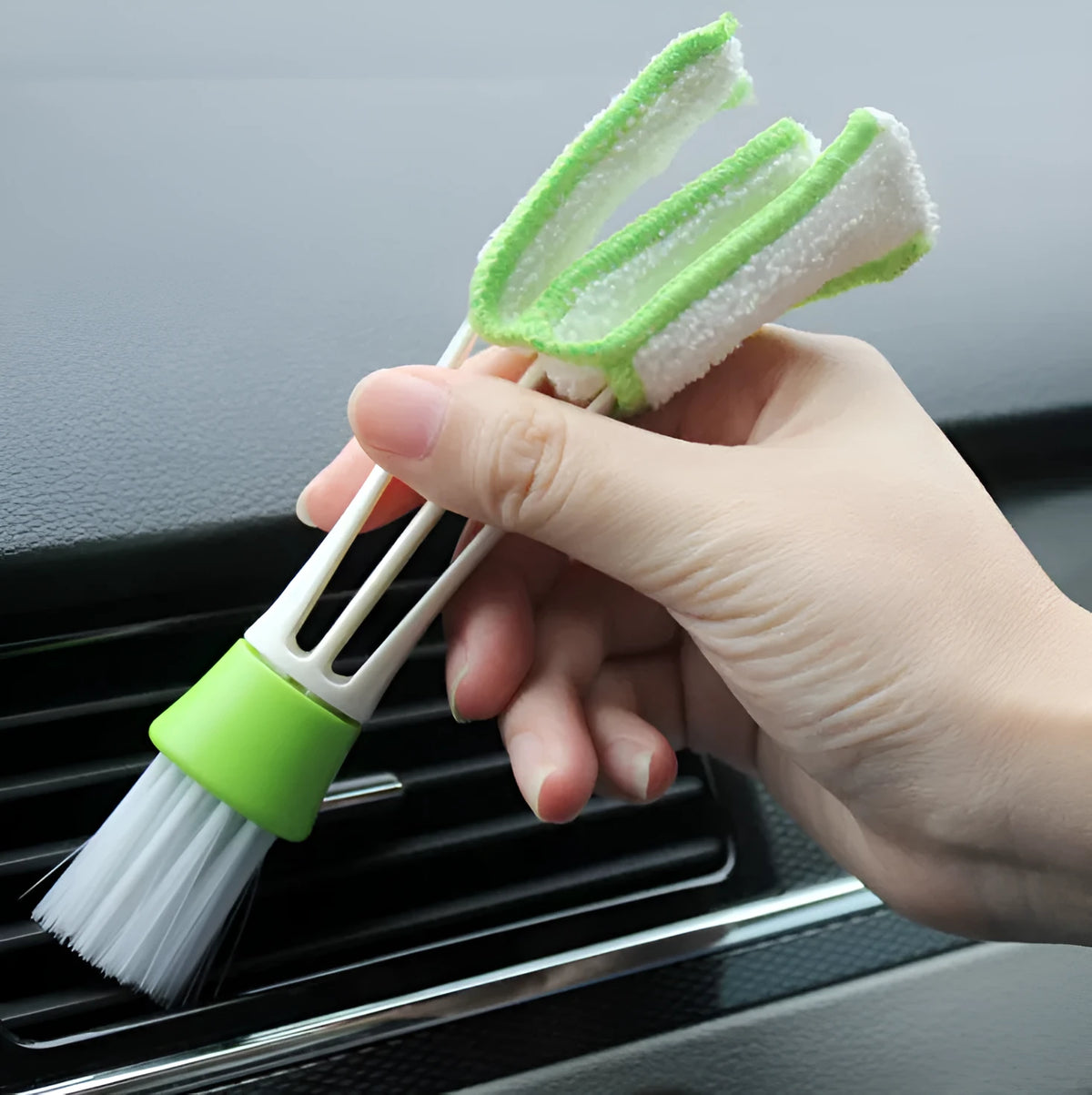 Green car dust removal brush with soft bristles and removable microfibre cloth cover for dashboard and air vent cleaning