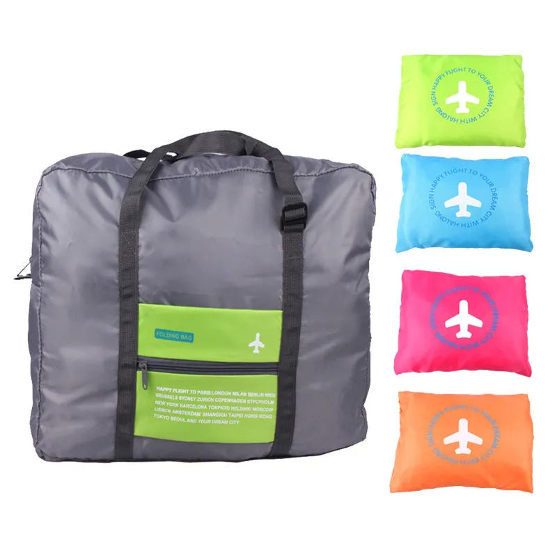Large capacity foldable nylon travel bag in blue, showing open storage and compact folded size on suitcase