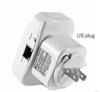 Black and white wifi signal booster repeater with network cable and multiple international plug types.