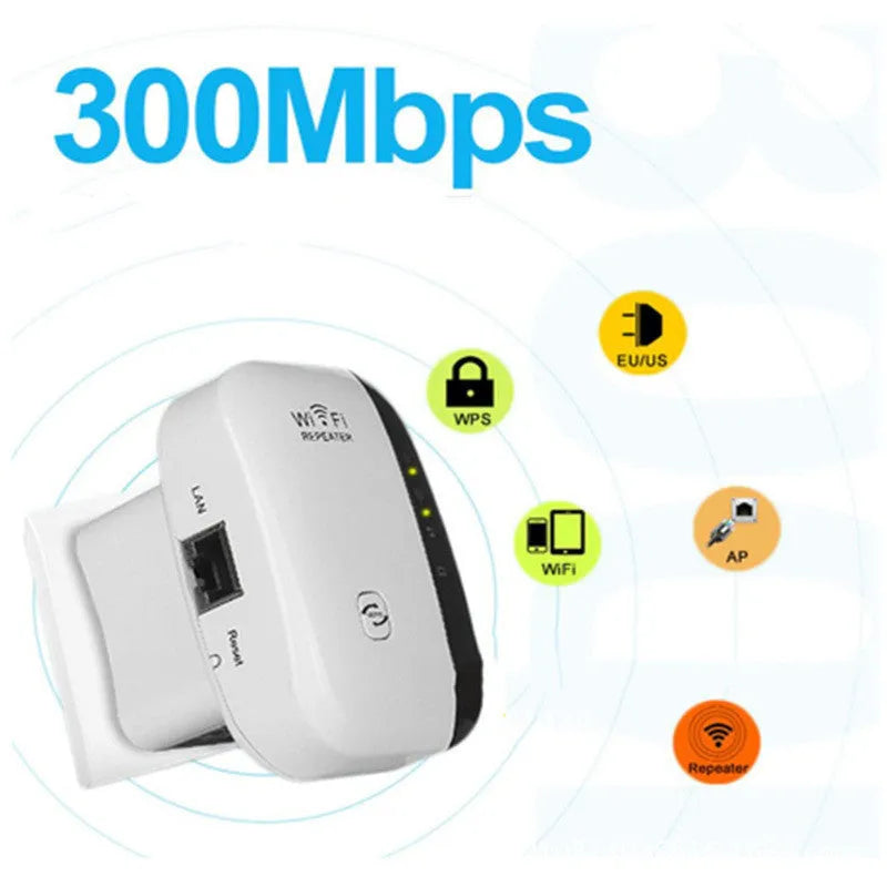 Black and white wifi signal booster repeater with network cable and multiple international plug types.