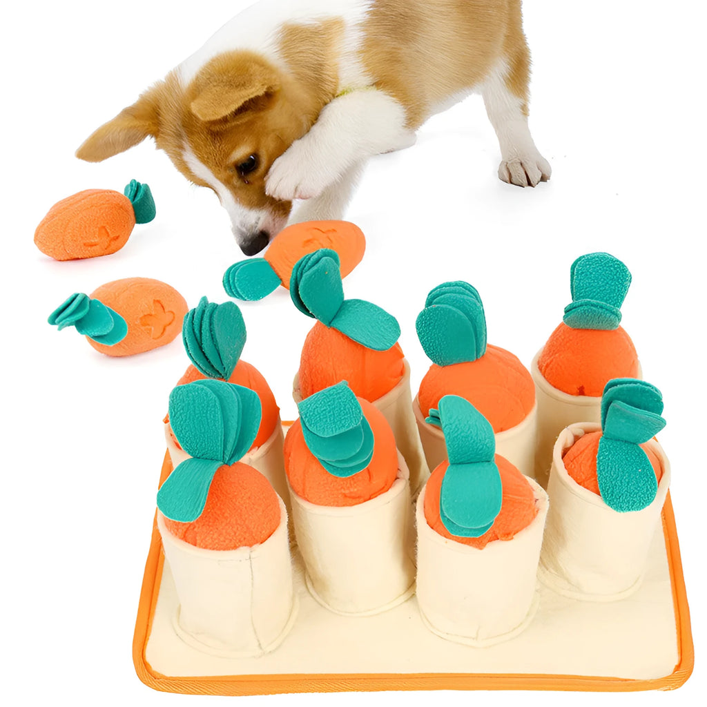 Orange pull radish game puzzle dog toy made from polar fleece and felt cloth for slow feeding and sniffing play