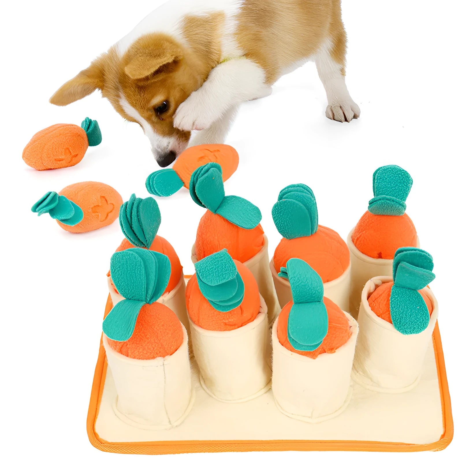 Orange pull radish game puzzle dog toy made from polar fleece and felt cloth for slow feeding and sniffing play