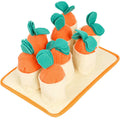 Orange pull radish game puzzle dog toy made from polar fleece and felt cloth for slow feeding and sniffing play