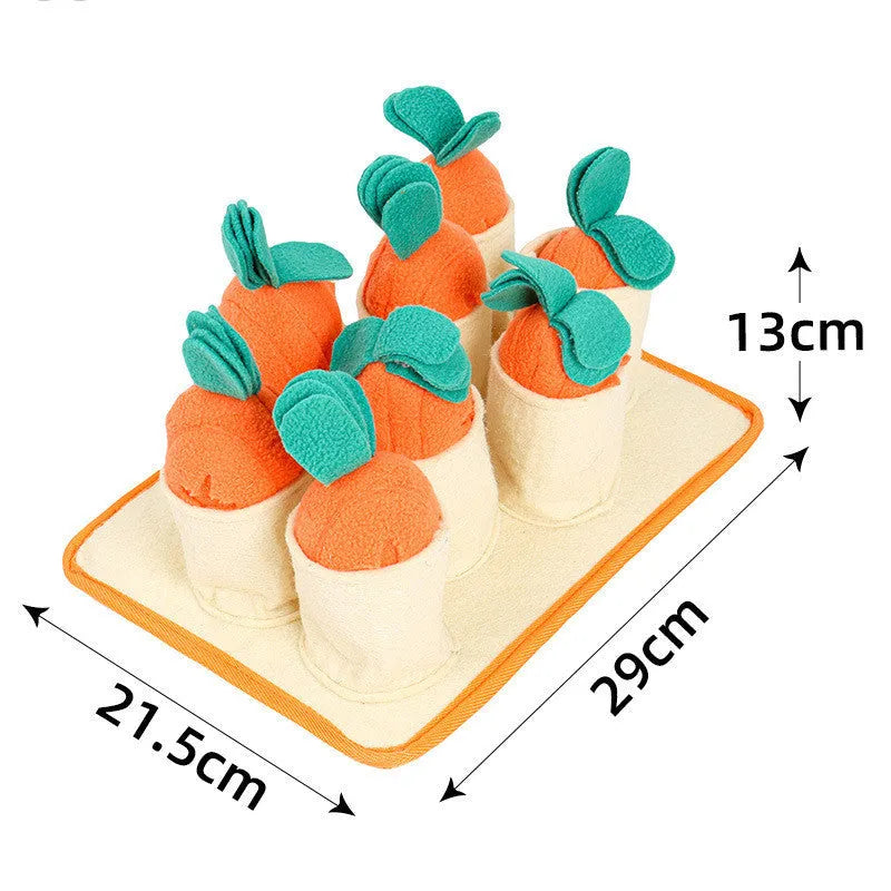 Orange pull radish game puzzle dog toy made from polar fleece and felt cloth for slow feeding and sniffing play