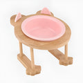 Blue ceramic single pet food bowl with bamboo wooden frame non-slip base 15 degree tilt for cats and dogs