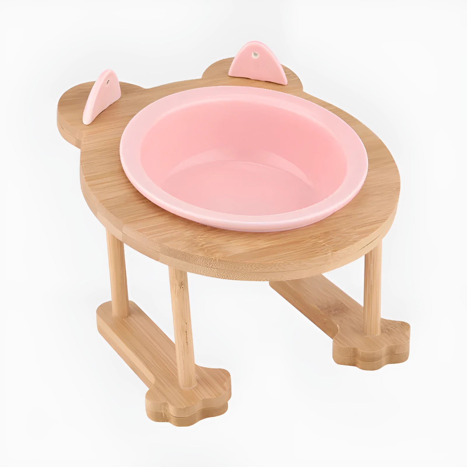 Blue ceramic single pet food bowl with bamboo wooden frame non-slip base 15 degree tilt for cats and dogs