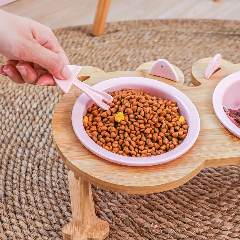 Blue ceramic single pet food bowl with bamboo wooden frame non-slip base 15 degree tilt for cats and dogs