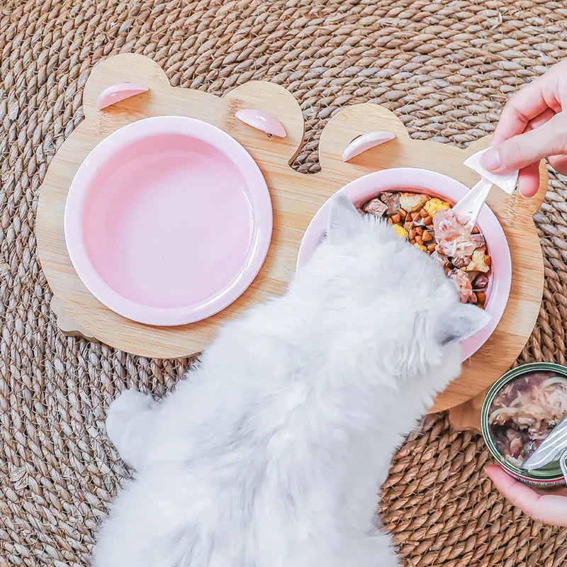 Blue ceramic single pet food bowl with bamboo wooden frame non-slip base 15 degree tilt for cats and dogs