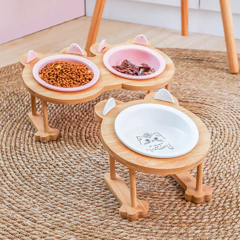 Blue ceramic single pet food bowl with bamboo wooden frame non-slip base 15 degree tilt for cats and dogs