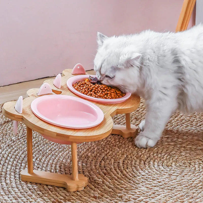 Blue ceramic single pet food bowl with bamboo wooden frame non-slip base 15 degree tilt for cats and dogs
