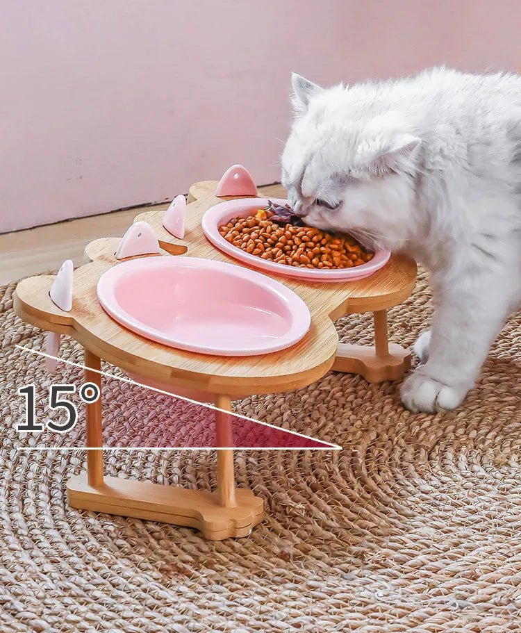 Blue ceramic single pet food bowl with bamboo wooden frame non-slip base 15 degree tilt for cats and dogs