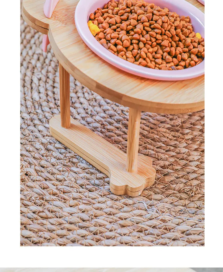 Blue ceramic single pet food bowl with bamboo wooden frame non-slip base 15 degree tilt for cats and dogs