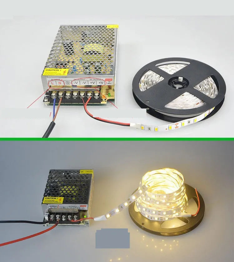 Flexible white LED light strip on a spool, labelled for 12V operation, suitable for shelf and counter lighting.