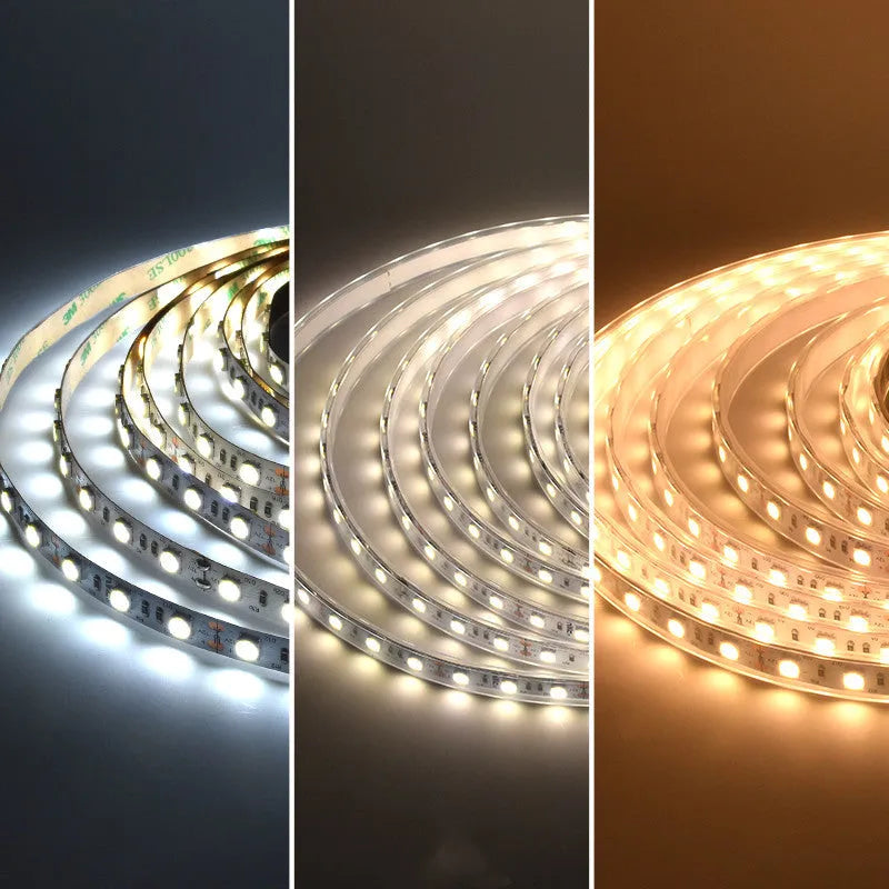 Flexible white LED light strip on a spool, labelled for 12V operation, suitable for shelf and counter lighting.