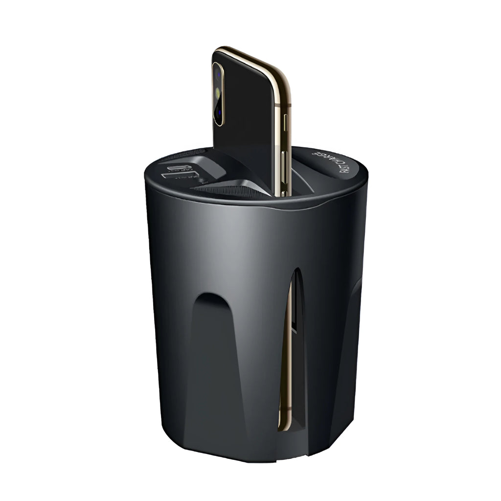 Car multifunctional two-in-one wireless charger in black with X8 model number 12V input and 5V output
