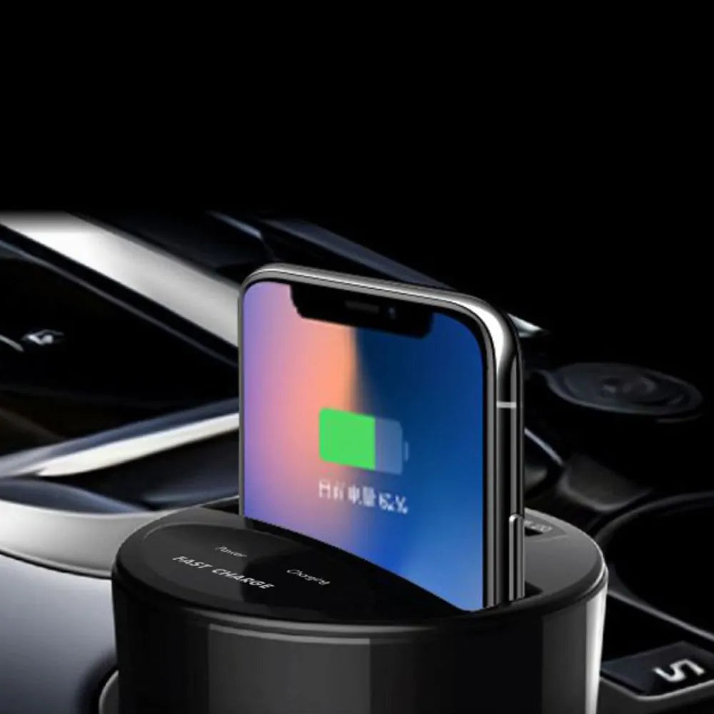Car multifunctional two-in-one wireless charger in black with X8 model number 12V input and 5V output