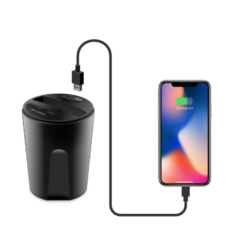 Car multifunctional two-in-one wireless charger in black with X8 model number 12V input and 5V output